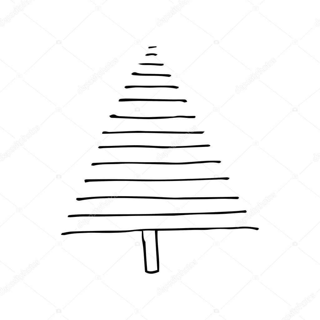 Stock Vector Illustration with Sketch Hand Drawn Doodle Cartoon Christmas Tree with Horizontal Stripes. Christmas tree or autumn tree for Merry Christmas and Happy New Year design.