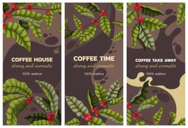 Kahve reklamı kavramının vektör illüstrasyonu, dallı ve karikatür tarzında kahve meyveli. Kahverengi arkaplan kahve saati üzerine dikey afiş veya broşür