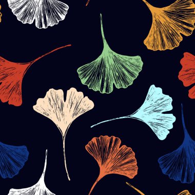 El çizimi Japon ginkgo biloba yapraklı çiçek desensiz vektör deseni. Kumaş baskısı, duvar kağıdı, tıbbi tasarım için koyu mavi arkaplanda parlak renkli yaprak 