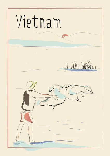 Вьетнам Рыбак Бросает Сеть Рассвете Горное Озеро Недостаток Путешествия Плакат — стоковый вектор