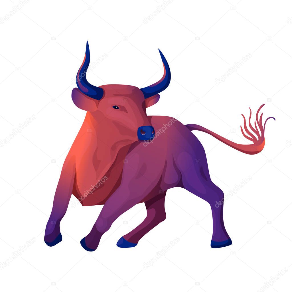 Vector illustration of a bull in a gradient fill style in motion. Isolate. Symbol of the year according to the Chinese calendar, new year card, banner, for business