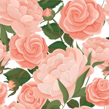 Beyaz arka planda pembe şakayık ve güllerin kusursuz desenlerinin vektör çizimi. Sevgililer Günü dekoru, kartlar ve ambalajlar