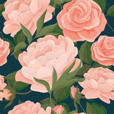 Kusursuz desenli mavi arka plan ve güllü şakayıkların vektör çizimi. Retro dekor için pembe çiçekler, kumaşlar, elbise, yatak örtüsü, kırtasiye