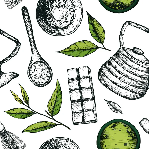 Ilustração Vetorial Ingredientes Padrão Sem Costura Para Folhas Chá Matcha — Vetor de Stock