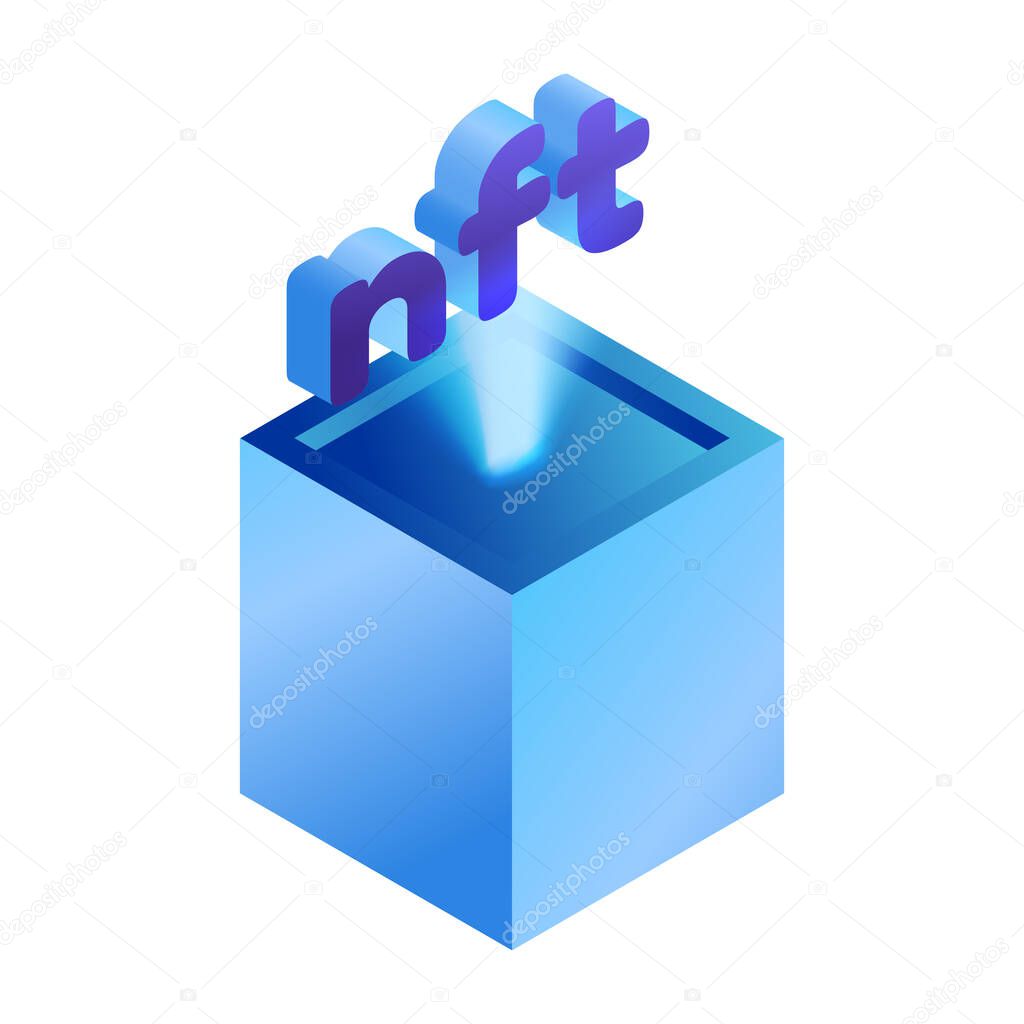 Vector illustration of nft on a pedestal with backlight. Unique non fungible tokens, website and news design