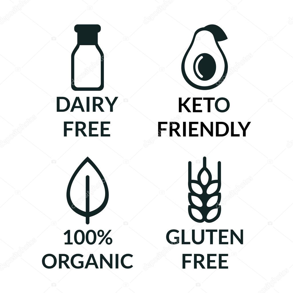 Vector illustration set of safe food without allergens icons. Keto diet icons, lactose and milk free, gluten free, organic products. For labels and packaging