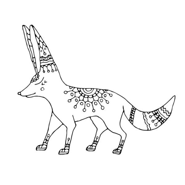 Vector Illustration Young Fennec Fox Walking Coloring Book Postcard Linear — Stock Vector