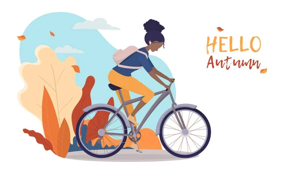 Chica Monta Bicicleta Mujer Afroamericana Monta Bicicleta Paisaje Otoño Póster — Archivo Imágenes Vectoriales
