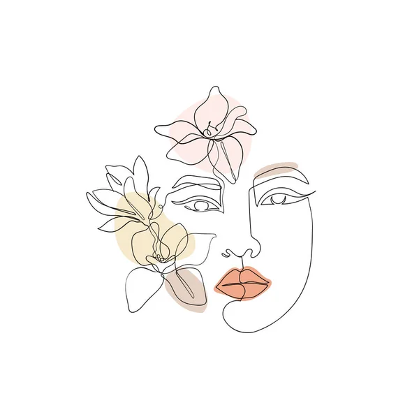 女性の顔 マグノリアの花や葉を持つ1つのラインアート 女性は連続的なスタイルを描きました 化粧品ビジネスのためのベクトルライナー — ストックベクタ