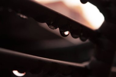 Yağmurdan sonra menekşe arkaplanlı metal tüplere birkaç su damlasının yakın plan fotoğrafı.