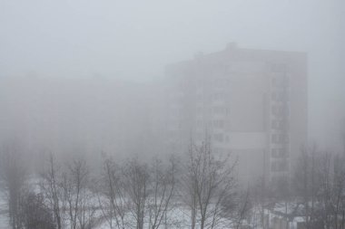 Kış günü sisli bir havada çıplak ağaçların üst kısımları ve yerleşim yerlerinin siluetleri ile yatay şehir manzarası mistik fotoğrafçılığı