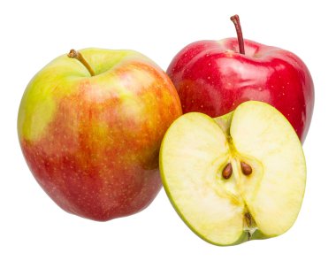 Kırmızı elma ve beyaz arkaplanda dilimler.