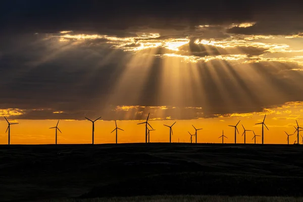 Turbiny Wiatrowe Równinach Wschodniego Kolorado Zachodzie Słońca Obrazek Stockowy