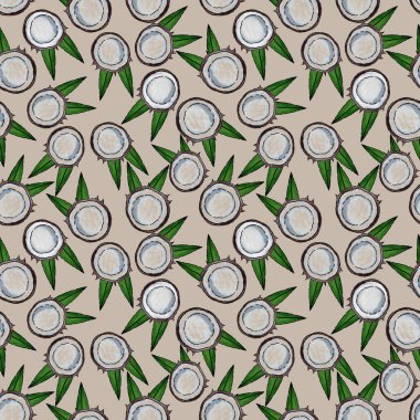 Hindistan cevizli suluboya çelenk ve kahverengi arkaplanda palmiye yaprakları.