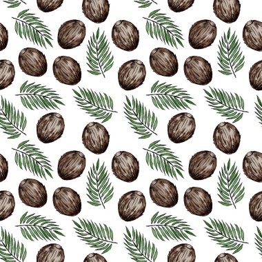 Hindistan cevizli suluboya çelenk ve kahverengi arkaplanda palmiye yaprakları.