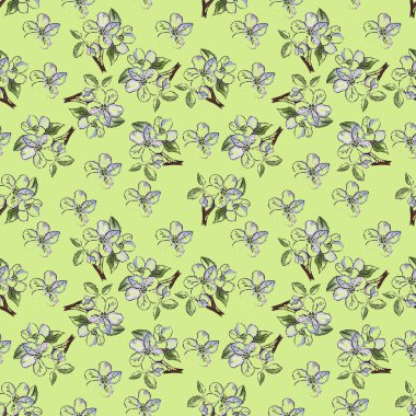 Açık yeşil arka planda armutların, elmaların ve elmaların dikişsiz deseni.