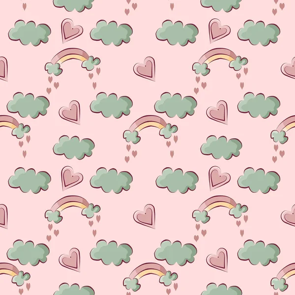 Colorful Children Seamless Pattern Rainbows Clouds Hearts Pink Background — Stock Photo, Image
