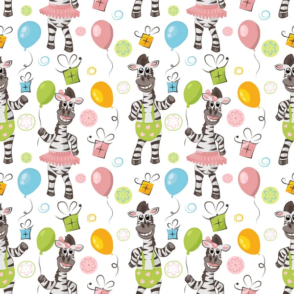 Colorful Seamless Pattern Zebra Girl Boy Balloons Gifts Flowers — Stock Photo, Image