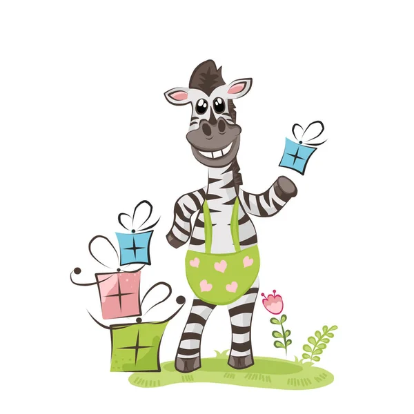 Uma Composição Colorida Menino Zebra Presentes Gramado Verde — Fotografia de Stock