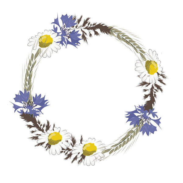 Colored seamless wreath of chamomile, cornflowers,ears of corn and bluegrass.