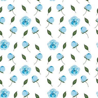 Beyaz arkaplanda mavi çiçeklerin renksiz deseni.