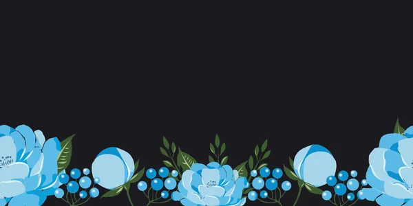 Borde Coloreado Flores Azules Sobre Fondo Negro — Foto de Stock