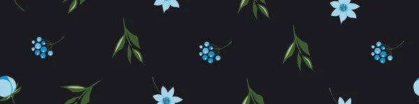 Kolorowy Bezszwowa Granica Niebieskich Kwiatów Czarnym Tle — Zdjęcie stockowe