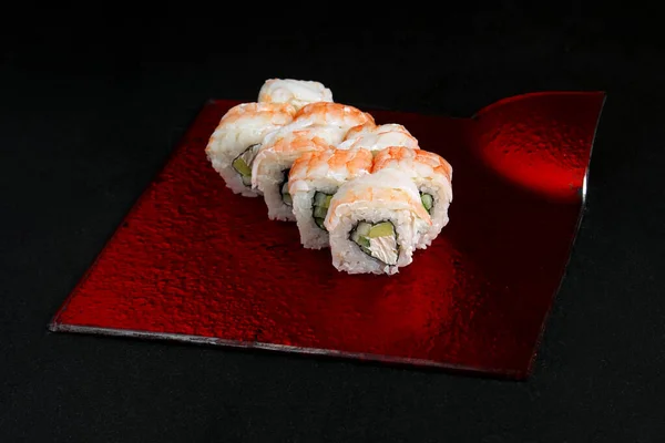 Asijské Kuchyně Pokrm Lahodné Sushi Sushi Černém Pozadí Role Vás — Stock fotografie