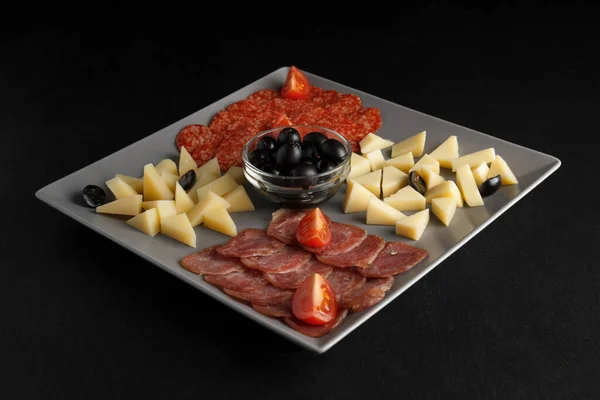 Plate Appetizers Various Types Sausages Cheese Olives — Fotografia de Stock