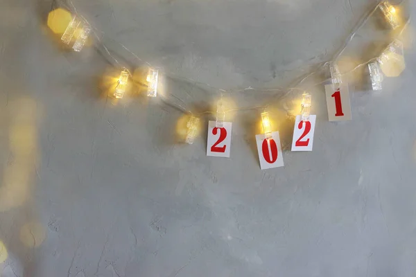 Red Christmas Numbers 2021 Garland New Year Lights Transparent Clothespins — Stock Photo, Image