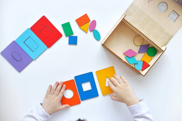 Learning Colors Shapes Children Wooden Toy Child Collects Sorter Educational — Stock Photo, Image