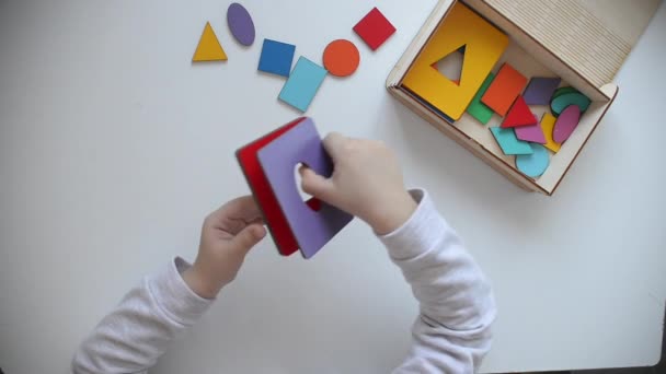 色や形を学ぶ 子供の木製のおもちゃ 子供は分別器を集める 子供のための教育用ロジックおもちゃ 幼稚園の教育用玩具 認知能力 遊びのツールの概念を通して学ぶ — ストック動画