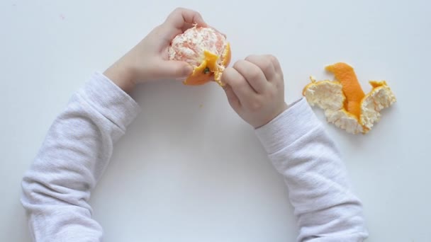 Kinderhände Schälen Die Mandarine Nahaufnahme Waagerecht Die Idee Ist Eine — Stockvideo