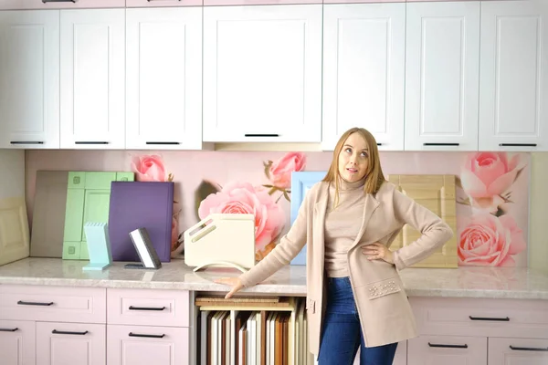 Exhausted Young Female Housewife Chooses Kitchen Set House Home Improvement — Stock Photo, Image