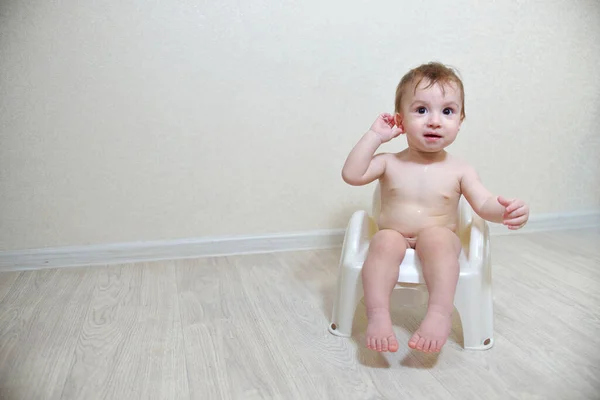 Rapaz Criança Bonito Treino Penico Bebé Sentado Panela Conceito Formação — Fotografia de Stock