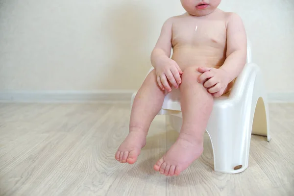 可爱的小幼儿宝宝坐在便盆上的衣服 便当训练 — 图库照片