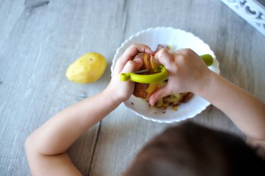 Pratik yaşam alanından ders almak için patatesleri montessori malzemesiyle soyan çocukların elleri. Soyucu, patates, tabak, tepsi. Evdeki yaşam tarzı
