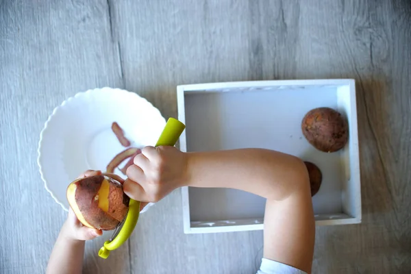 孩子们的手用蒙太索里的材料剥去马铃薯皮 以便从实际生活中吸取教训 家庭生活方式 图库照片