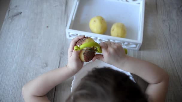 Dziecko Obiera Ziemniaki Zielonym Obieraczem Przedszkolak Przygotowuje Jedzenie Materiały Montessori — Wideo stockowe