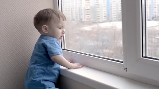 Menino Pequeno Sentado Olhar Pela Janela Segurança Casa Para Crianças — Vídeo de Stock
