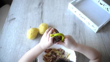 Pratik yaşam alanından ders almak için patatesleri montessori malzemesiyle soyan çocukların elleri. Soyucu, patates, tabak, tepsi. Evdeki yaşam tarzı