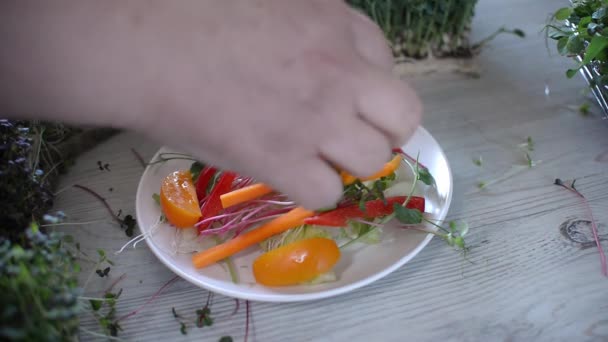 Ensalada Verduras Caseras Frescas Microgreens Fondo Cultivo Con Flores Comestibles — Vídeo de stock