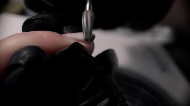Close Manicurist Removes Old Coating Nail Plate Wearing Black Gloves — Stock Video