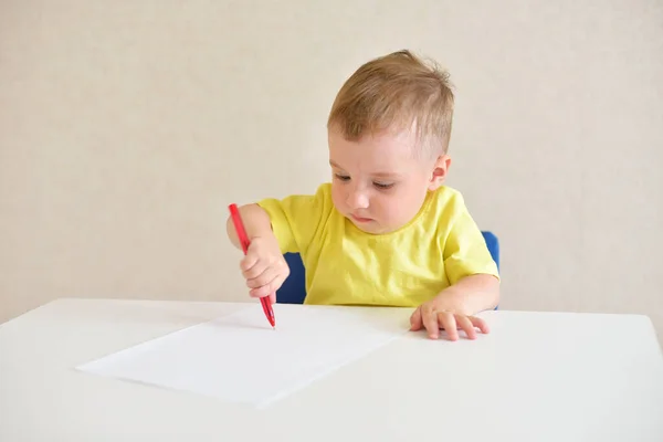 Тоддер Играет Ничью Листе Бумаги Красной Ручкой Сидящей Белым Столом — стоковое фото