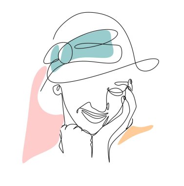 Şapkadaki kadın görüntüsü boyunca çizgiler çiziyor. Spa servisi. Kadınlar için kuaför salonu. Moda. Günlük.