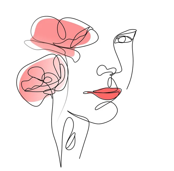 One Line Of A Woman's Face. A Continuous Line Of A Female Portrait With Floral Elements In A Modern Minimalist Style. Vector illustration for poster, T-shirt printing, logos