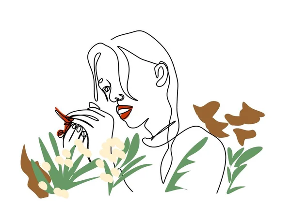 Dibujo Línea Una Mujer Admirando Una Mariposa Sus Dedos Cerca — Foto de Stock