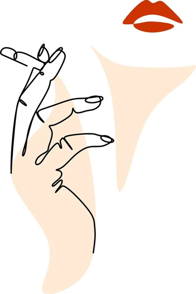 タバコと唇を持つ女性の手は 1行とスポットに描かれています サービス美容室 1本の線を引く ミニマリズム Tシャツのプリント 着色用 — ストック写真