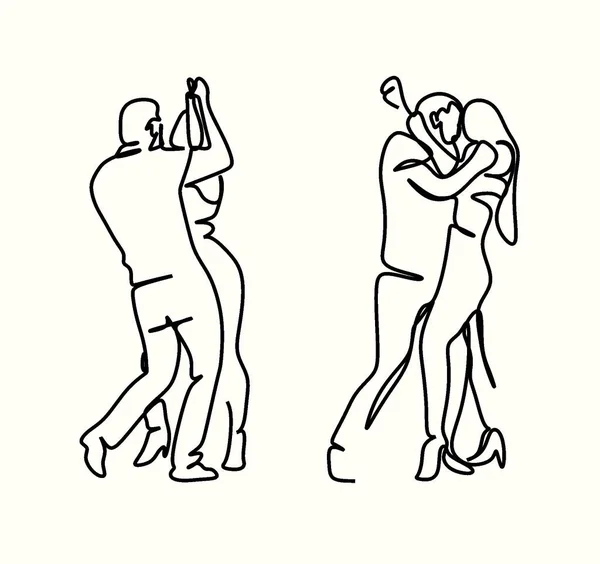 拉丁美洲的一组舞蹈 一对优雅的夫妇跳萨尔萨舞 意大利面 复古风格 印刷T恤衫横幅的线路图 — 图库照片