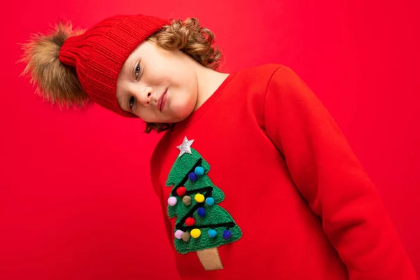Alegre chico divertido sobre un fondo rojo en un cálido sombrero y suéter con un árbol de Navidad — Foto de Stock